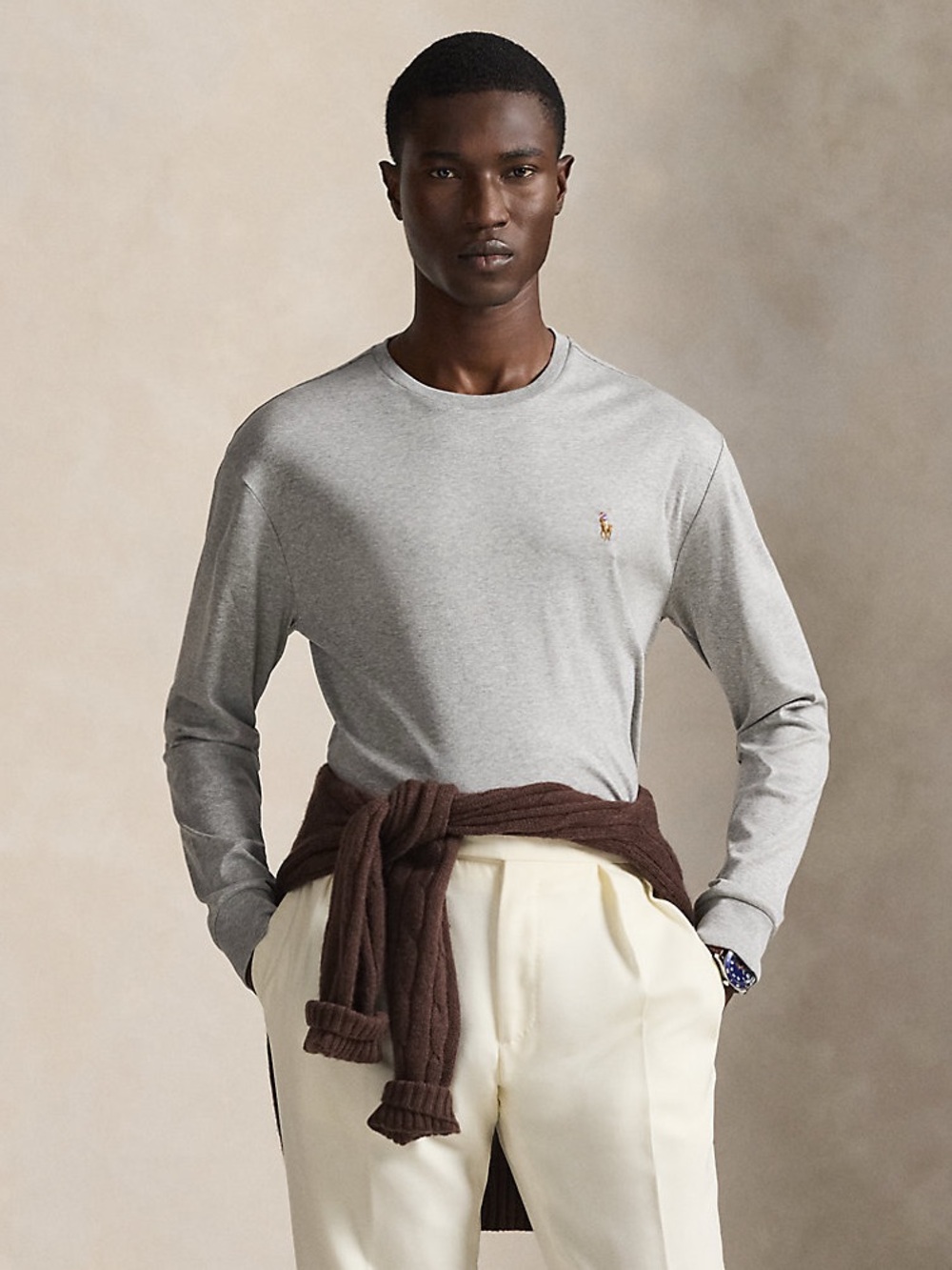 Polo by Ralph Lauren Classic Crewneck Long-Sleeve Shirt in Light Gray